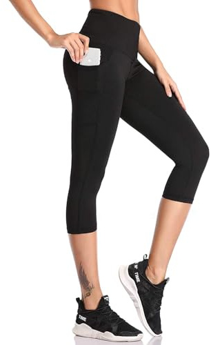 SIMIYA Womens Sports Leggings High Waist Cropped Leggings with Pockets 3/4 Length Capris Pants Sports Gym Workout Running Yoga Pants (Capris-Black,XL)