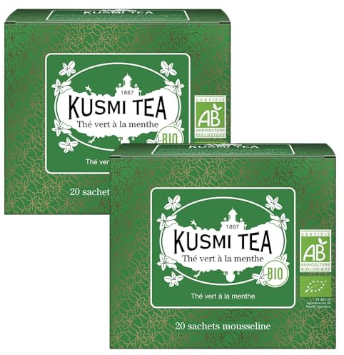 Kusmi Tea - Spearmint Green - 2 burkar - Ekologisk blandning av Gunpowder och Pepparmint Grönt Te - Avnjut det varmt eller isat - Smaksatt Grönt Te - 2x20 Tepåsar