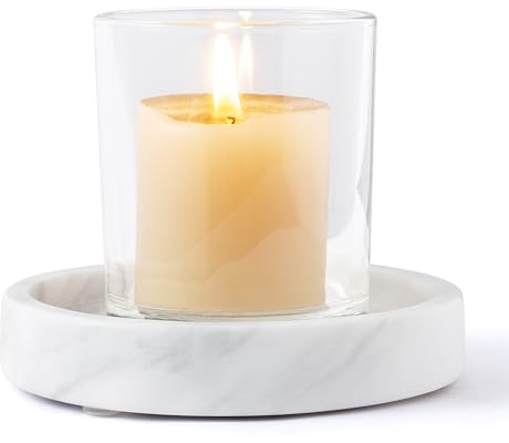 WORHE Candle Holders Italy Premium Natural Marble Candlestick Holder for Jar Pillar Candles Large Round Coaster Plate Jewelry Tray Centerpiece for Wedding Dining Table Home Decor White (ZT011)