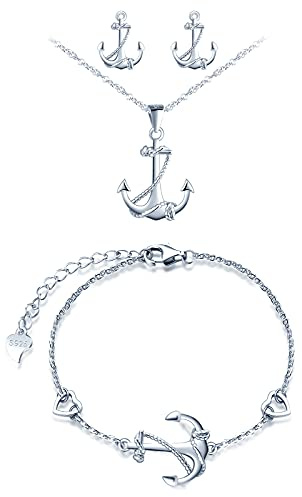 MicVivien 925 sterlingsilver dam kedja ankare hänge halsband, ankare stiftörhängen silver ankare armband armband, dam smycken set för kvinnor flickor mamma flickvän, Sterlingsilver