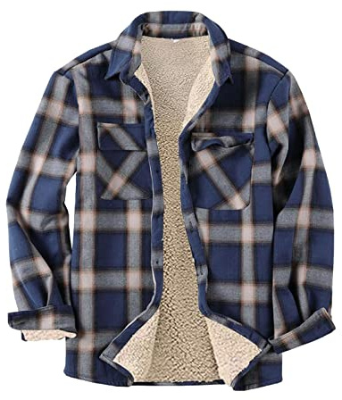 HULKAY Mens Long Sleeve Sherpa Fleece Flannel Shirts Button Down Berber Lined Shackets Warm Camp Shirts Plaid Jackets(Navy,XXL)