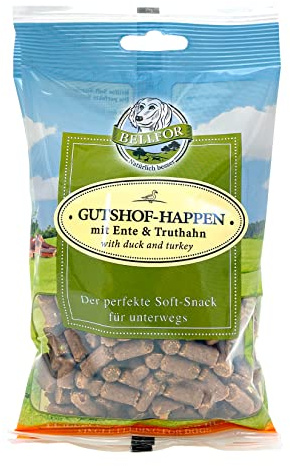 Bellfor Gutshof-Happen Snack Doux pour Chiens – Friandise sans céréales au Canard et à la Dinde, Snack Naturel pour Dressage et récompense. Convient aux Chiots comme aux Chiens Adultes – 200 g