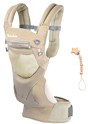 MINITUSKIES PureComfort bärsele och hängande napp ryggsäck | babybärsele nyfödd ergonomisk och andningsbar, babykänguru 4 positioner i 1 | rekommenderad vikt 3–15 kg, beige