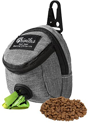 FuninCrea Leckerli Tasche Hunde, Futterbeutel Hundetraining mit Integriertem Kotbeutel-Spender Leckerli Tasche Hunde zum Umhängen für Reisen Outdoor-Training (Grau)