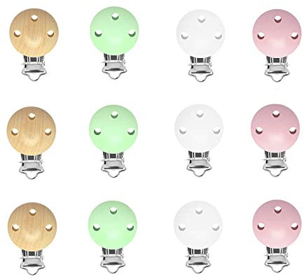 Schnuller Clip,Nippel Halter,Nuckelclip Holz,Dummy Clip Halter 12PC Baby Clip Schnuller Verschlüsse Halter für Baby und Kinder(Perforiert 4 Farben)