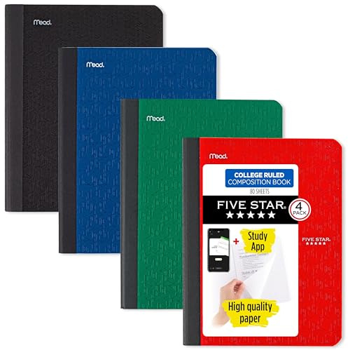 Five Star Composition Book + Study App, 4 Pack, College Ruled Paper, 7-1/2 x 9-3/4, 80 Sheets, Forest Green, Pacific Blue, Fire Red and Black (850065B-ECM)