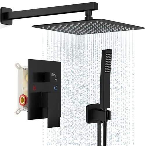 FPXRNG Black Shower Faucet Set, Rainfall Shower System with Square Shower Head and Handle Set, Wall Mounted Shower Fixtures, Full Metal Trim Repair Kit 10 inch Matte Black (With Shower Valve)