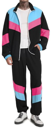 UOUA 80s Outfit for Men 90s Tracksuit Costume for Halloween 70s Windbreaker Jacket Track Suit 2 Piece Hip Hop Set Black 3XL