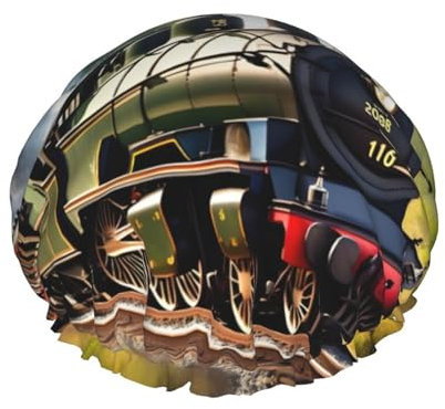 Cuffia da doccia riutilizzabile con stampa di trenino a vapore, da donna, a doppio strato, per tutti i capelli