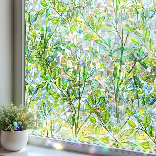 Mgood Stained Glass Window Film Privacy Film for Glass Windows Green Leaf Pattern Rainbow Window Film Self Adhesive Decorative Anti UV Static Cling Window Vinyl for Home Bedroom, 44.3x100cm