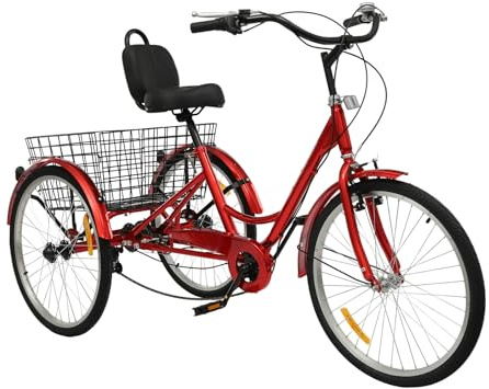 Tricycle pour adulte 24 , 7 vitesses, 3 roues, avec panier, dossier, tricycle cruiser à trois roues, pour les loisirs, les pique-niques, les activités de plein air, rouge