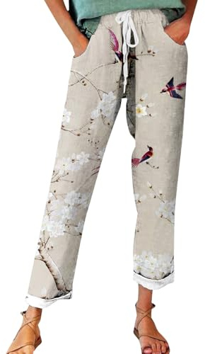 Pantalones de verano para mujer, ligeros, 3/4, pantalones de lino para mujer, estampado floral, pantalones capri, tallas grandes, cómodos, pantalones de ocio, pantalones de tela de cintura alta