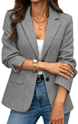 ELLEVEN Womens Business Casual Herringbone Tweed Blazers 2 Button Jackets Slim Fit Lightweight Long Sleeve Suit Work Office Blazer with Pockets Dressy Trendy Outfits Fall Winter Grey Large