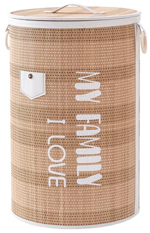 Muzilife Bambus Wäschekorb mit Deckel, 75L Faltbare Wäschesammler Wäschebox aus Natürliche Baumwolle, Stabil Wäschetonne mit Tragegriffen, Rund Ø 40 cm, Braun