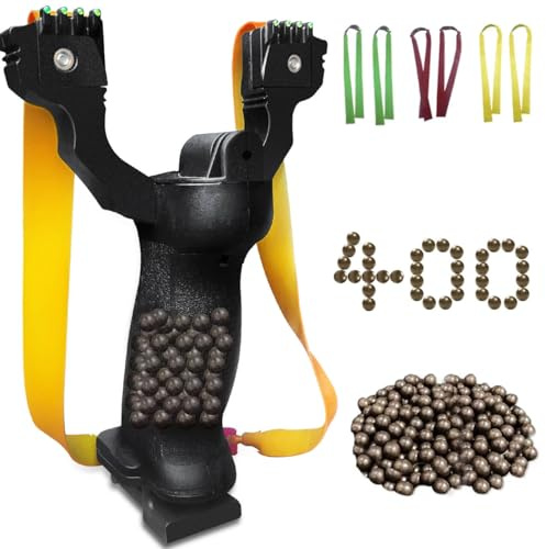 Feeoc Steinschleuder Set für Outdoor – Ergonomischer Rutschfester Griff mit Magazinfach Super Grip Oberfläche – 400 Tonkugeln 6 Ersatzbändern – Präzise Sport-Schleuder für Training & Freizeit (Black)