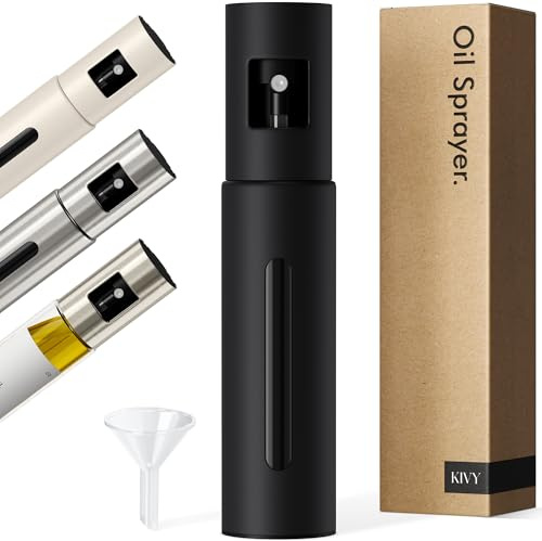 KIVY Pulverizador de aceite de acero inoxidable y cristal – Botella pulverizadora de aceite – Pulverizador para dosificación precisa – Para aceite de cocina y vinagre – Incluye embudo
