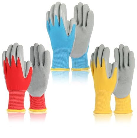 Gyxcelc 3 Paia Guanti da Giardinaggio per Bambini 3-5 Anni, Guanti da Giardino in Lattice Naturale, Guanti da Lavoro Antiscivolo, per Esterni, Pittura Fai da Te, Ragazzi/Ragazze, Multicolore，17cm