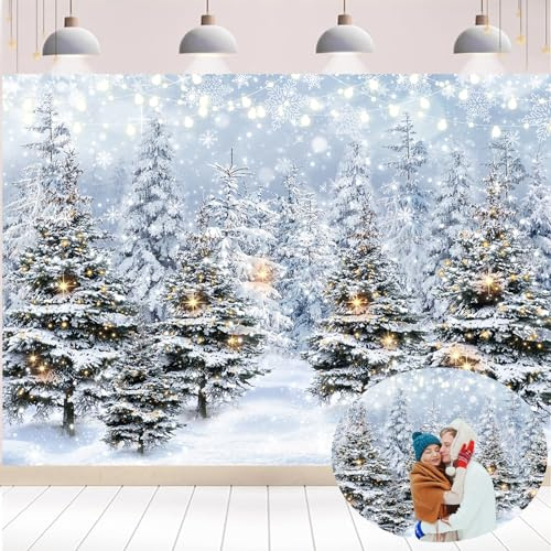 Toile de fond pour photographie de forêt hivernale 7x5FT Sapins de Noël enneigés flocons de neige Paysage féerique Arrière-plan Décorations de vacances d'hiver fête de Noël Fournitures Accessoires