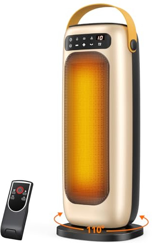 Calefactor Bajo Consumo, 1500W PTC Calefactor Ceramico Electrico, 4 Modos con Control Remoto, Protección Contra Sobrecalentamiento y Vuelco, Temporizador de 1 a 10 h, para Oficina, Dormitorio y Salon