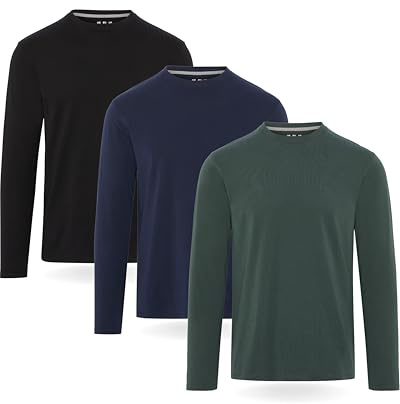 FM London 3-Pack Long Sleeve T Shirt Mens - Flattering Fit, Premium Weight, Super Soft Cotton Crew Neck T Shirts