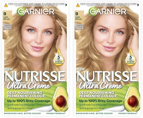 Garnier Nutrisse Permanent Hair Dye, Natural-looking, hair colour result, For All Hair Types, 9 Light Blonde (Packaging may vary) (Pack of 2)