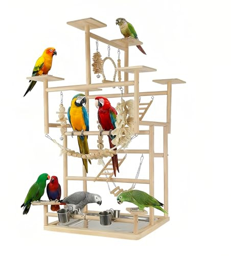 Bird Playground – 7-Level Natural Wood Parrot Playstand with Feeders & Toys, Modular Two-Tier Bird Play Gym, Detachable Top Tabletop Stand