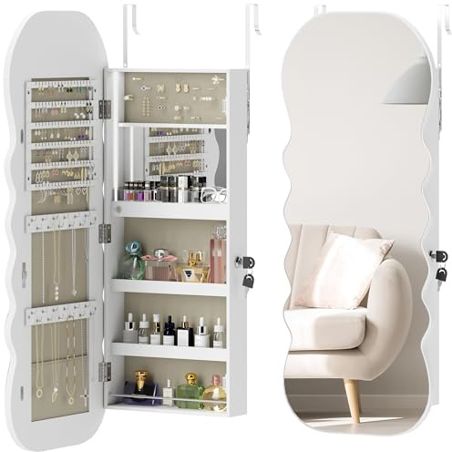 HOMCOM Specchio portagioie con luce LED a 3 colori, armadio portagioie da fissare alla parete o alla porta, armadio portagioie con serratura, specchio a figura intera, design ondulato, bianco