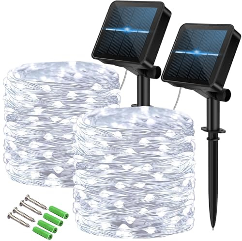 120 LED Solar Fairy Lights Outdoor, 2 Pack Total 24M/ 80Ft 240LEDS, 8 Modes with 8-Hour Timer, Outdoor Garden Lights, Waterproof String Lights, Suitable for Party, Camping, Decorations (Cool White)