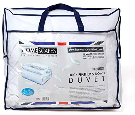 HOMESCAPES King Size Duvet 15 Tog, Luxury Ethical Duck Feather & Down Quilt, Anti Allergy 100% Cotton Cover Down-Proof Winter Bed Duvets, Washable, RDS & OEKO-TEX Certified