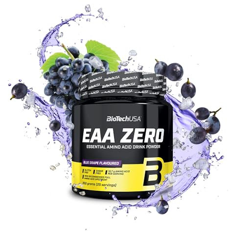 BioTechUSA EAA Zero - Potenza degli Aminoacidi Essenziali | 7160mg EAA/servizio | Rapporto raccomandato dall'OMS | Senza zucchero, senza glutine, 350 g, Uva Blu