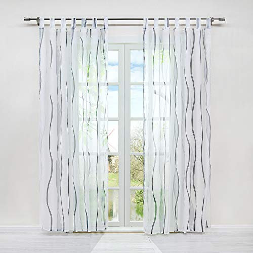 HongYa 1er-Pack Voile Gardine Transparenter Vorhang mit Schlaufen Wellen Druck H/B 145/140 cm Weiß Silber