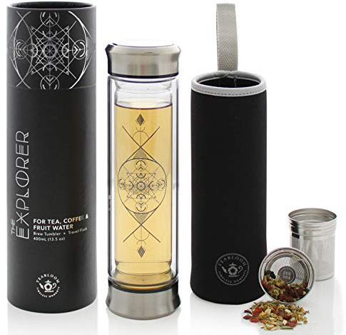 Teabloom All-Beverage Infusion Bottle – 14 oz / 400 ml – Double Wall Insulated Glass Travel Flask – Hot Tea & Cold Brew Coffee Thermos – Removable Sleeve