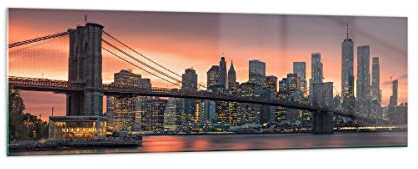 Quadro su Vetro 160x50cm Stampe da Parete in Vetro New York ponte notte Grandi XXL Decorazione Murale Camera da Letto Cucina 1 pezzo Quadri Moderni Soggiorno Grafica Immagini Wall Art GAB160x50-4048