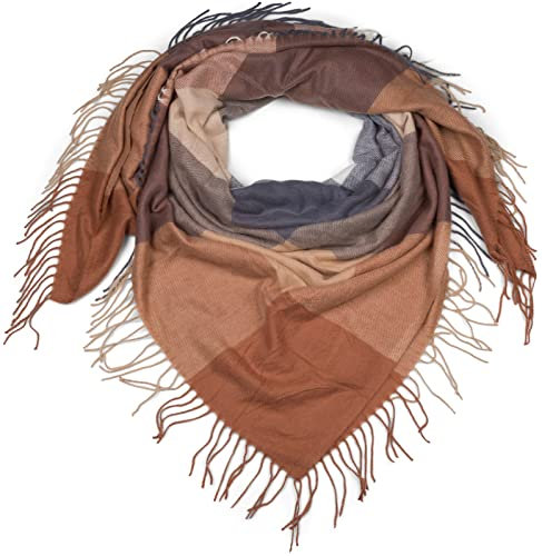 styleBREAKER Damen XXL Schal mit mehrfarbigem Karo Muster und Fransen, warmes Winter Tuch, Deckenschal 01017116, Farbe:Braun-Grau-Creme
