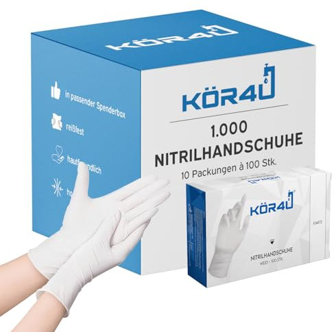 kör4u Nitrilhandschuhe, 1000 Stück, puderfrei, latexfrei, Einweghandschuhe, Einmalhandschuhe, Lebensmittelhandschuhe (Weiß, M)