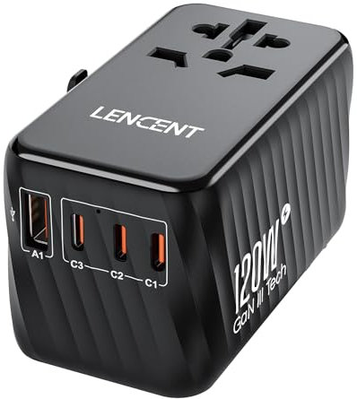 LENCENT 120W Universal Reiseadapter Weltweit, Worldwide Reisestecker Weltreise Adapter mit 3 USB A und 1 USB C, Internationaler Steckdosenadapter für Japan Thailand USA England Australien