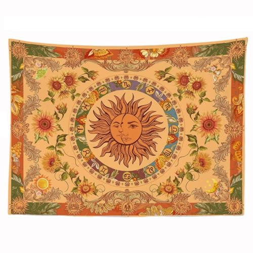 Ulticool - Tapisserie murale Décoration Appartement - Soleil Mandala Fleurs Lune Nature Rétro - 200 x 150 cm - Tapisserie Murale - Pour Chambre à Coucher Salon - Ocre Jaune Orange Vert