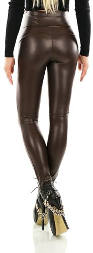 Zeralda Fashion Damen Leggings Thermo Hose High Waist Push Up Effekt Wet Look Kunstleder Leder Optik (DE/NL/SE/PL, Alphanumerisch, S, M, Regular, Regular, Aubergine-3015)