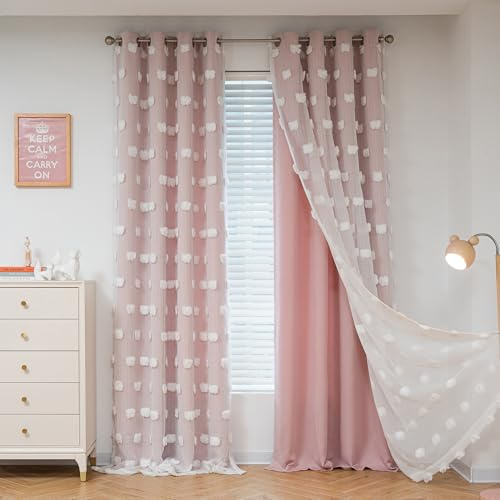 MYSKY HOME Cortinas opacas para habitación infantil y niña, juego de 2 cortinas con ojales, gasa blanca, cortina de doble capa, moderna, para salón, 240 x 132 cm, color rosa