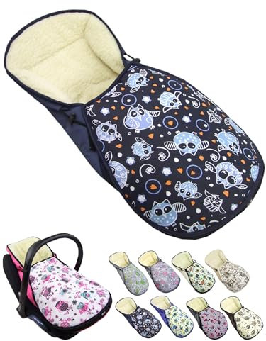 Fußsack für Babyschale [Winterfußsack] für Kinderautositz kompatibel mit Maxi Cosi Babyschalen Gruppe 0+ Lammwolle Sitzauflage verstellbar (Eule 15)