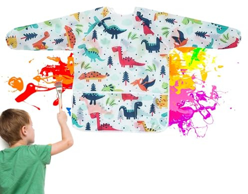 Toddler Smock Painting,Paint Art Apron for Kids | Kids' Artist Aprons with Pocket for Crafts, Arts & Eating, Dinosaur Design with Long Sleeve