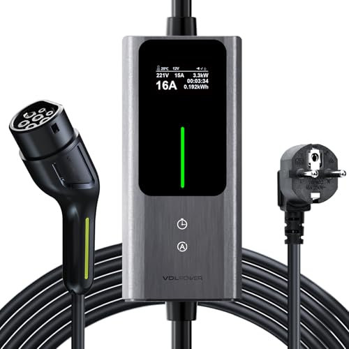 VDLPOWEREU Typ 2 Ladekabel Schuko 3,68kW | 6-16A | 5M, 1-phasig EV Ladegerät Typ 2 Schuko mit Steuerbarer Digitalanzeige, E Auto Ladekabel Schuko IP65 für Elektroautos IEC 62196-2 PHEV/EV