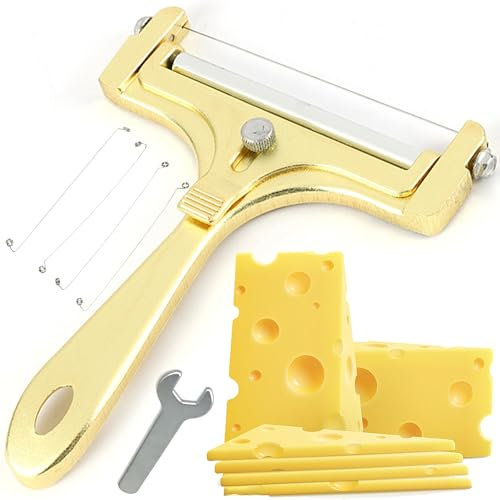QSLKI Coupe Fromage Avec Rouleau Et Fil De Coupe, Trancheur Manuel À Fromage En Aluminium, Réglable Coupe Fromage Pour Fromage Et Beurre, Trancheuse À Fromage Avec 4 Fils De Rechange, Or