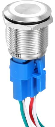 DMiotech 1 Pcs 3/4 Stainless steel Momentary Push Button Switch 5Pin 1NO1NC 5A 12-24V Silver Flat Button White Ring Lamp with Socket Plug with Wire for Car Boat Systems