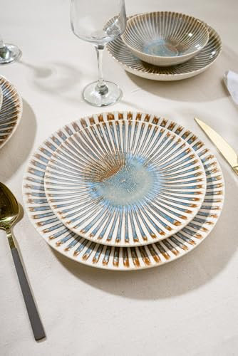 Elegante juego de cena de 24 piezas, 100% porcelana, incluye platos de servicio, cuencos y platos de postre, apto para lavavajillas y microondas, perfecto para cualquier ocasión