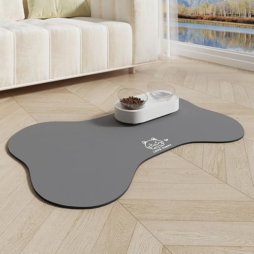 Napfunterlage Hund Katzen, Hund rutschfest Saugfähig Schnelltrocknend Futtermatte Hunde Katzen Matte, Form des Knochens Napfunterlage Katze Hundenapf Unterlage (Grau,40x60cm)