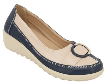Chums Ladies Wide E Fit 2 Tone Shoe, Comfortable Flexisole Trainer with Padded Insole & 1.5 Wedge Heel Navy
