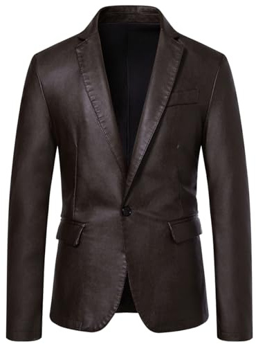 Womleys Men's Casual Notched Collar One Button Faux Leather Blazer Suit Jacket Sport Coats (Large, Coffee)