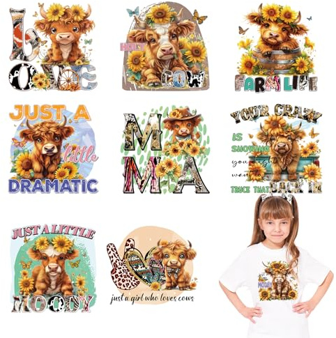 Eiapadeor Dtf Transfers Ready to Press - 9 Sheets Iron On Transfers for Tshirts Highland Cow Transfer Stickers for Women Clothes Clothing Sunflowers Heat Press Iron On Dtf Transfer DIY Craft