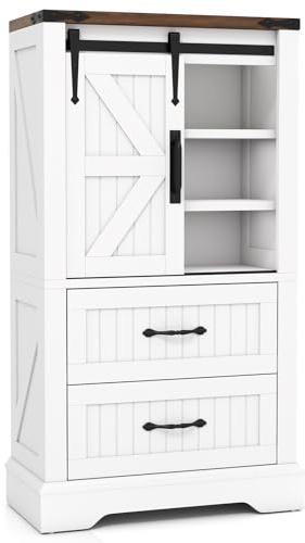 LIFEZEAL Mobiletto Bagno, Credenza Cucina, Mobile Dispensa, con Anta Scorrevole, 2 Cassetti, Scomparto, Bianco, Moderno, Slavaspazio, Armadio, Armadietto, Multiuso per Soggiorno, Sala, in Legno